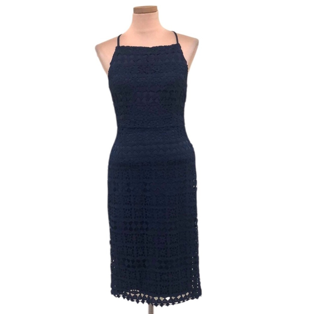 Club L London Midi Dress Size US 6 Navy Blue Floral Lace